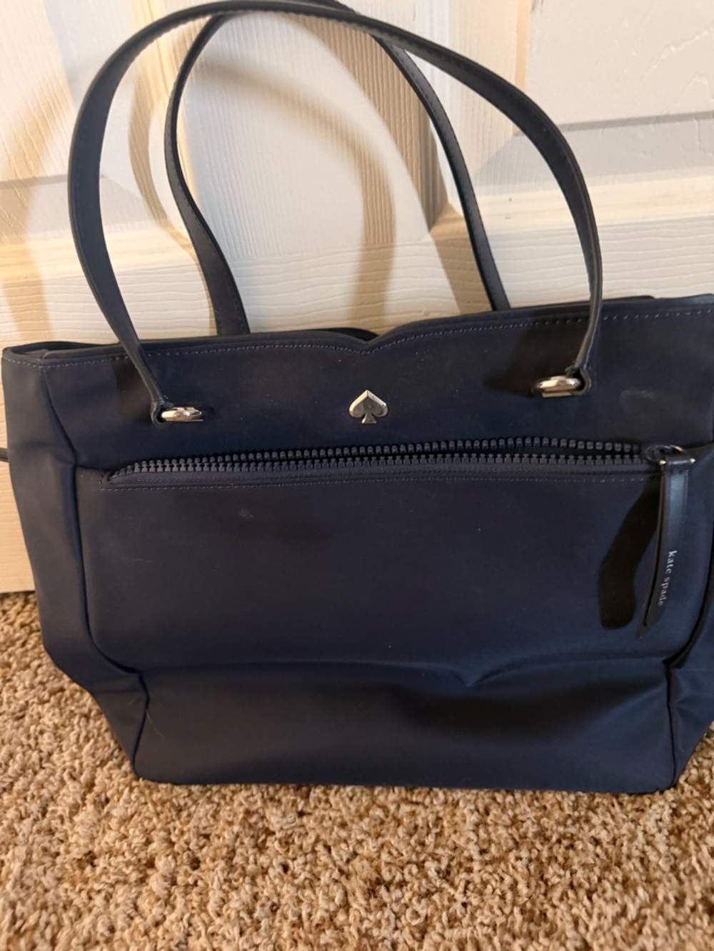 kate spade navy tote with front zip and spade logo